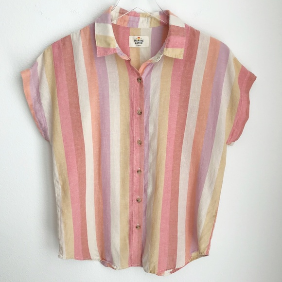 Marine Layer Dana Striped Linen Blend Shirt XS Relaxed Short Sleeve Button Up - Picture 2 of 7